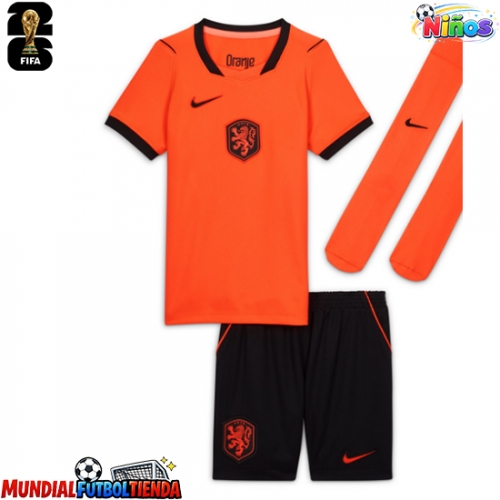 Camiseta Países Bajos Primera Equipación Replica Mundial 2026 para niños mangas cortas (+ Pantalones cortos)
